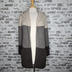 Cocogio Italy Sweater Womens S Brown Colorblock Knit Open Front Hooded Cardigan‎